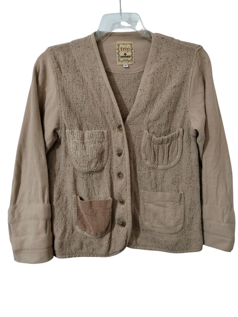 5830)Vtg Free Sport Johnathan Haushner Mix Media Tan Boucle Utility Cardigan S